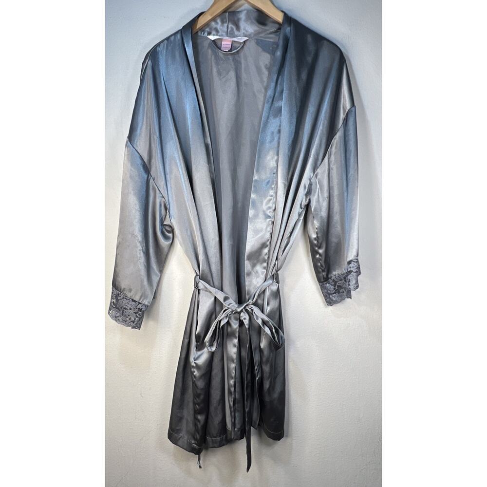 Victoria's Secret Large Silvery Blue Robe Tie Lace trim pockets victorian womens